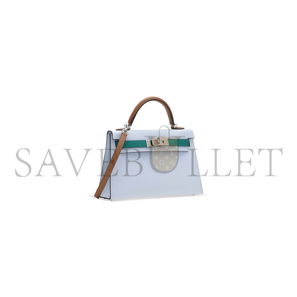 H**mes haze blue and imperial green and sesame epsom leather tricolor mini kelly 20 ii with palladium hardware (19*12*5.5cm)